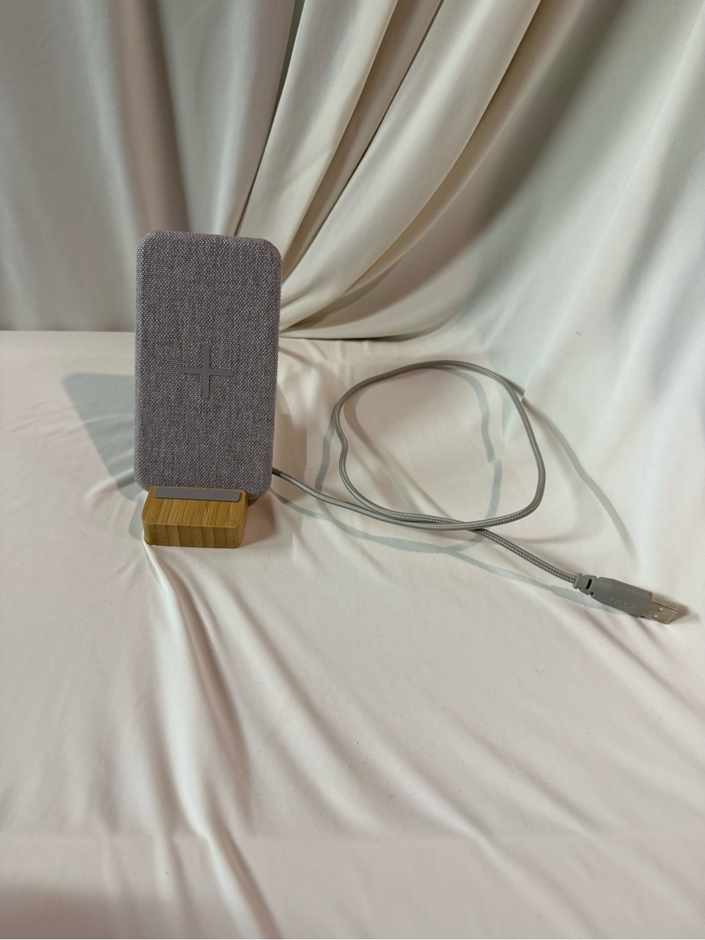 IKEA Gray Fabric Wireless Charging Stand with Wood Base
